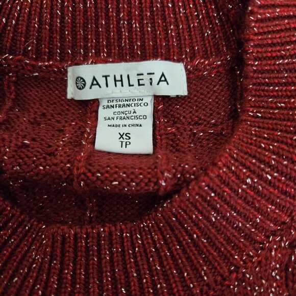 Athleta Red Silver Metallic Sparkle Cable Knit Sweater XS - Picture 6 of 7